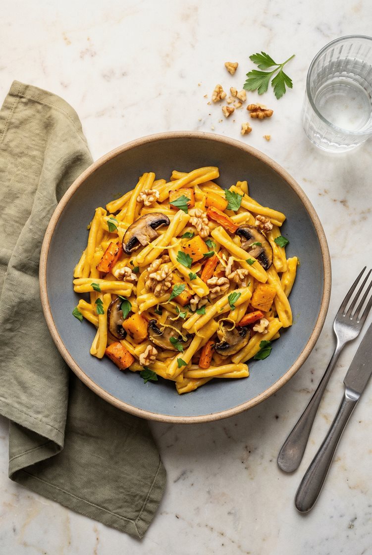 Græskar pasta med nøddestegte portobellosvampe og persille
