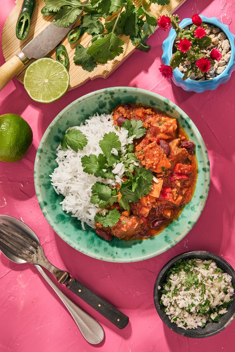 Frijoles Charros - Meksikansk bønnegryte med mørkokt svinebog og kokt ris