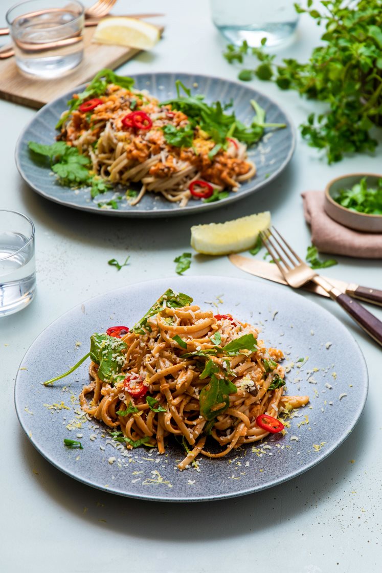 Blomkålbolognese med sopp og ruccola
