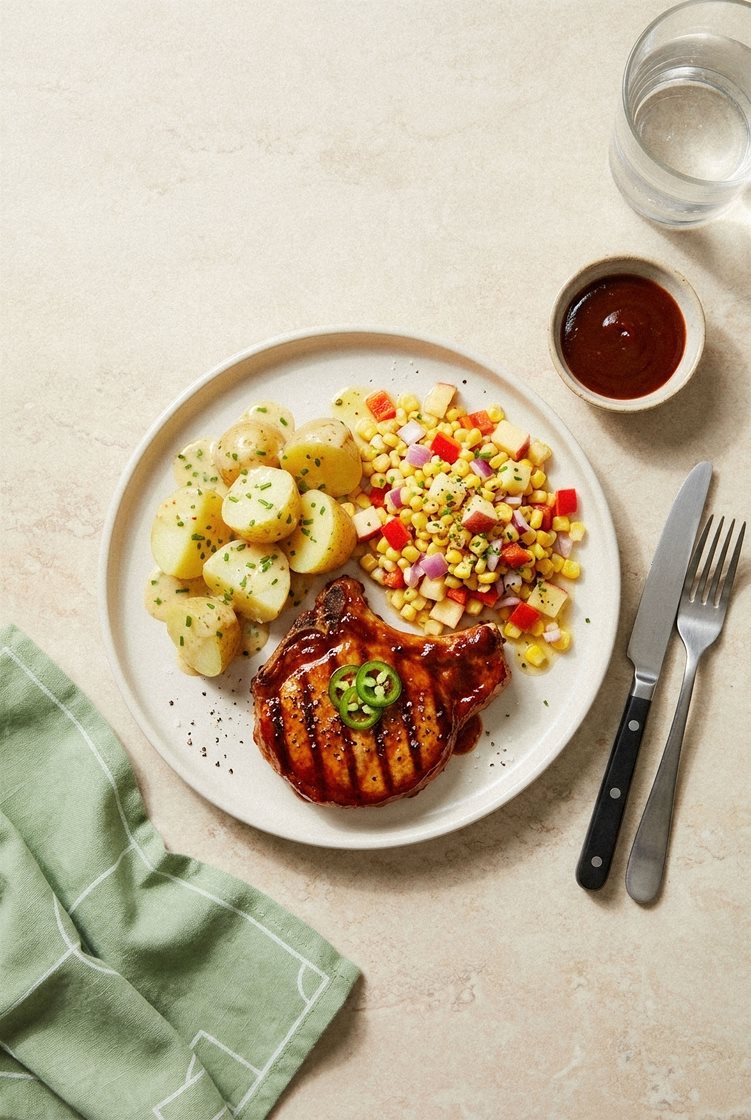 BBQ-glaseret kotelet med honning/senneps-kartoffelsalat