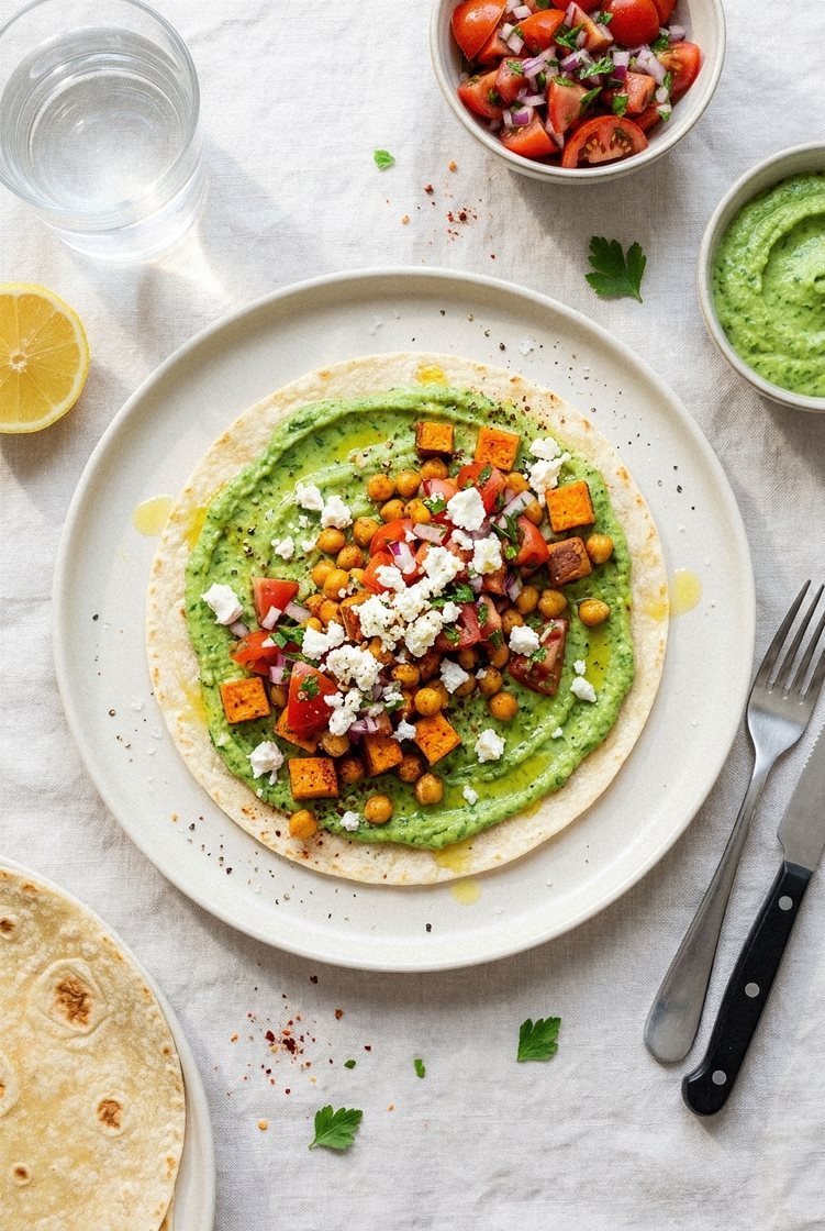 Wrap med bakt søtpotet og kikerter, tomatsalat, skjørost og purrekrem