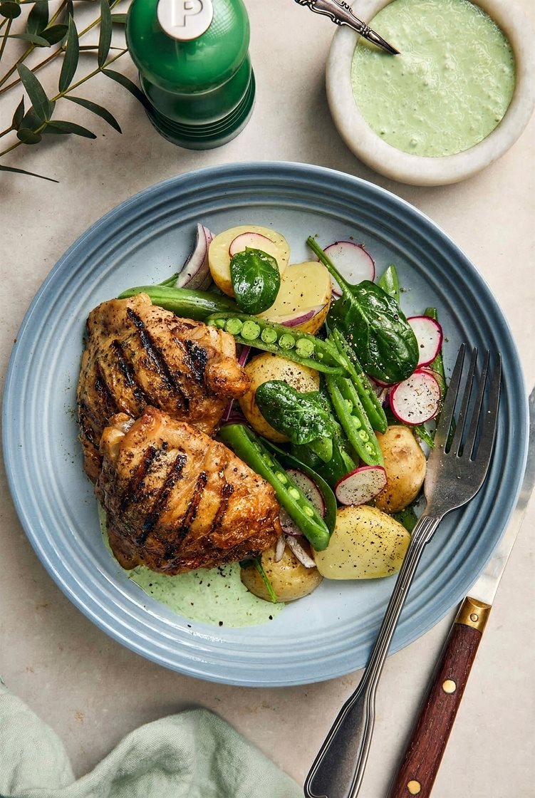 Grillad kycklinglårfilé med sauce verte och vårig potatissallad 
