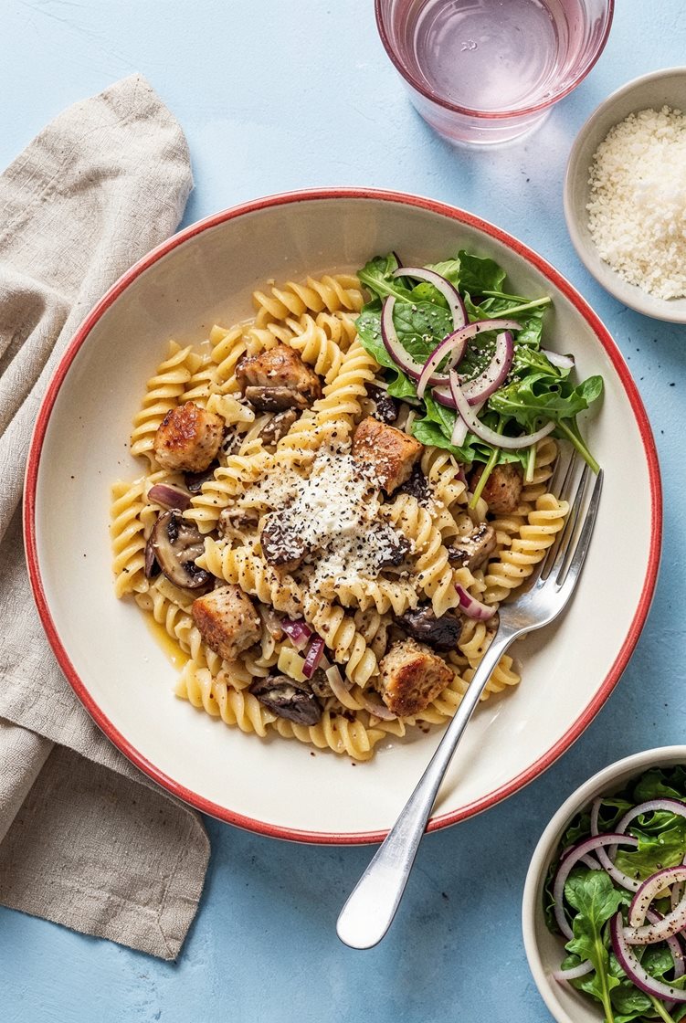 Glutenfri pasta alla Norcina - Cremet pasta med markchampignon, trøffelolie og linquica