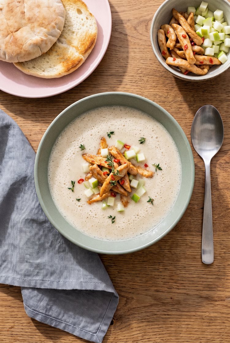 Jordskokkesuppe med chilikylling og æbletopping