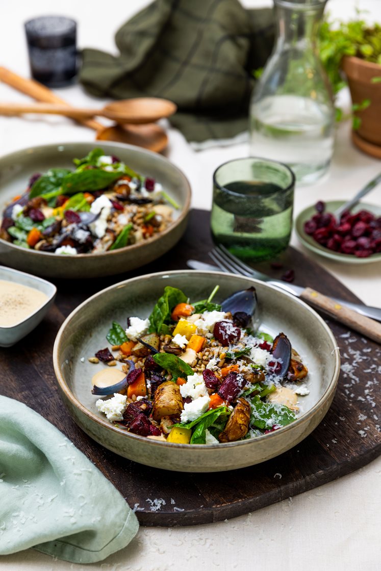 Nordisk salat med bakt jordskokk, økologisk ferskost, tranebær og steinsoppdressing