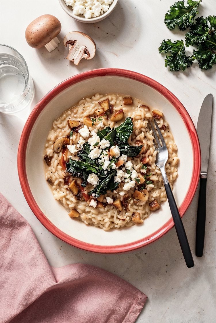 Kremet sopprisotto med sprø svartkål, skjørost og brunet paprikasmør 
