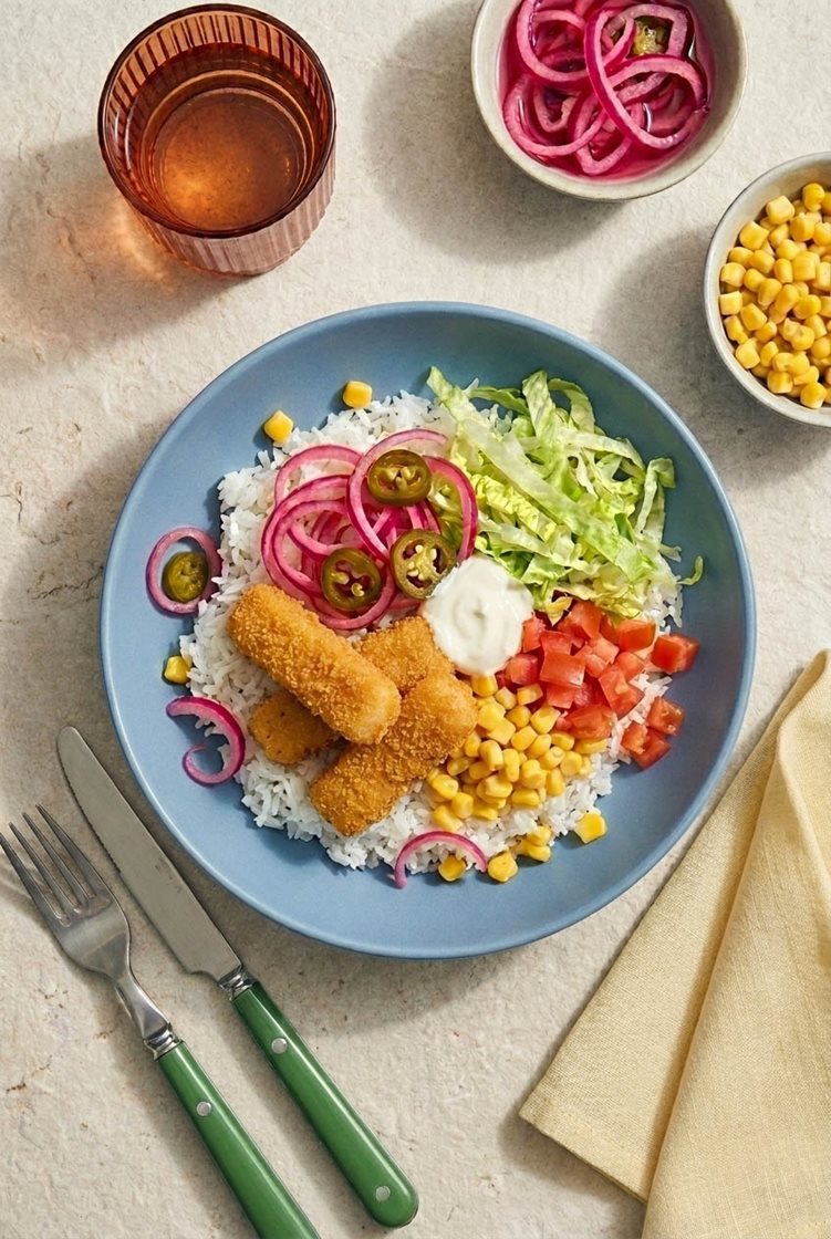 Bowl med fish taco-sticks og ris, jalapeño-syltet rødløk, mais og rømme