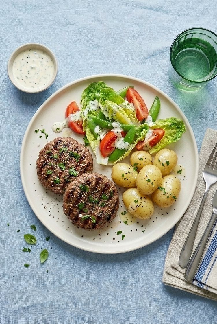Grillede grønne hakkebøffer og salat med kartofler