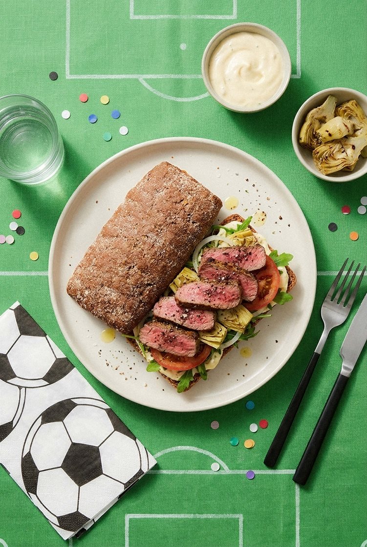 Steak sandwich med artiskok, aioli og tomat