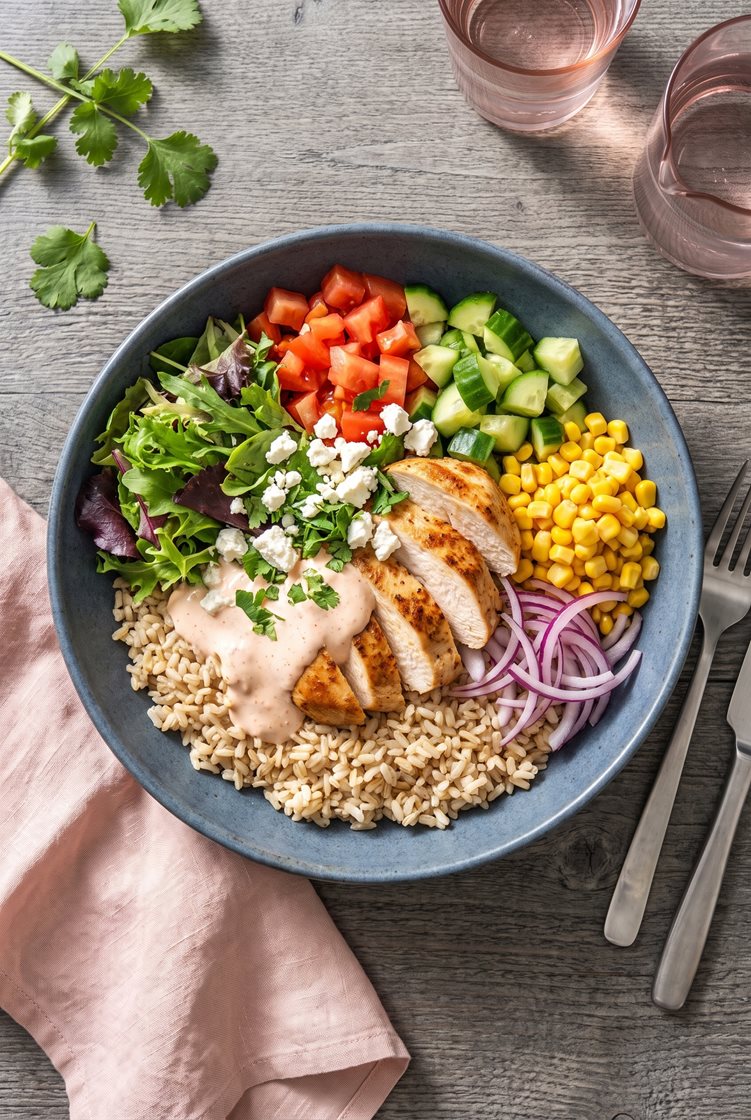 Tacobowl med kyckling, fullkornsris, tacodressing, koriander och fetaost