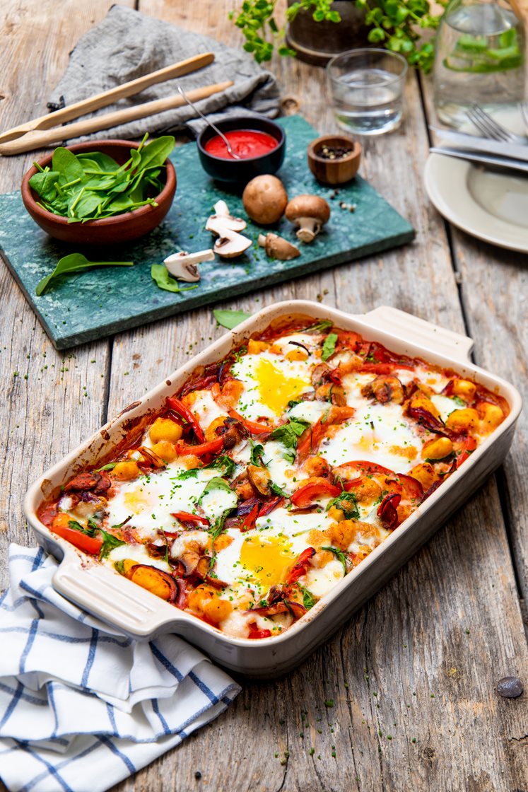 Ovnsbakt gnocchi med aromasopp, egg og mozzarella