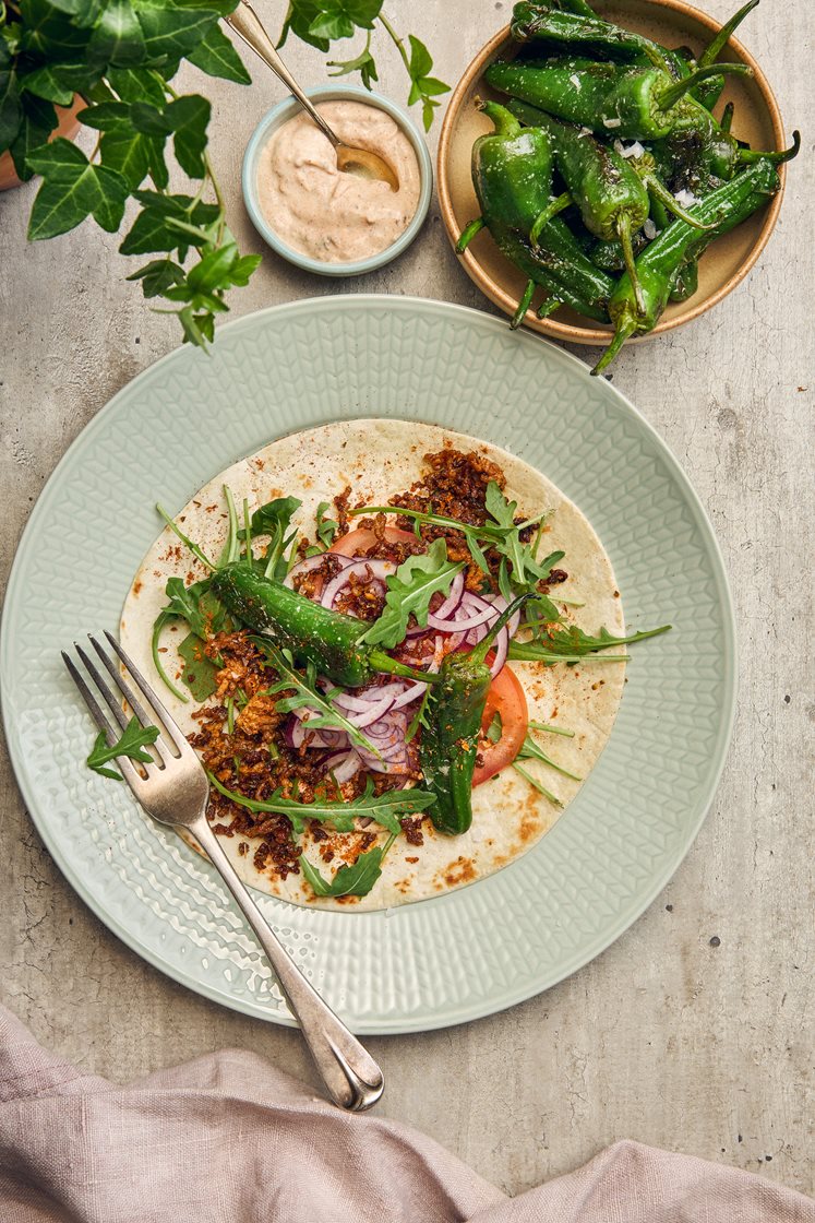 Kryddstekt fläskfärs med kebabsås, tortillabröd och pimientos de padrón