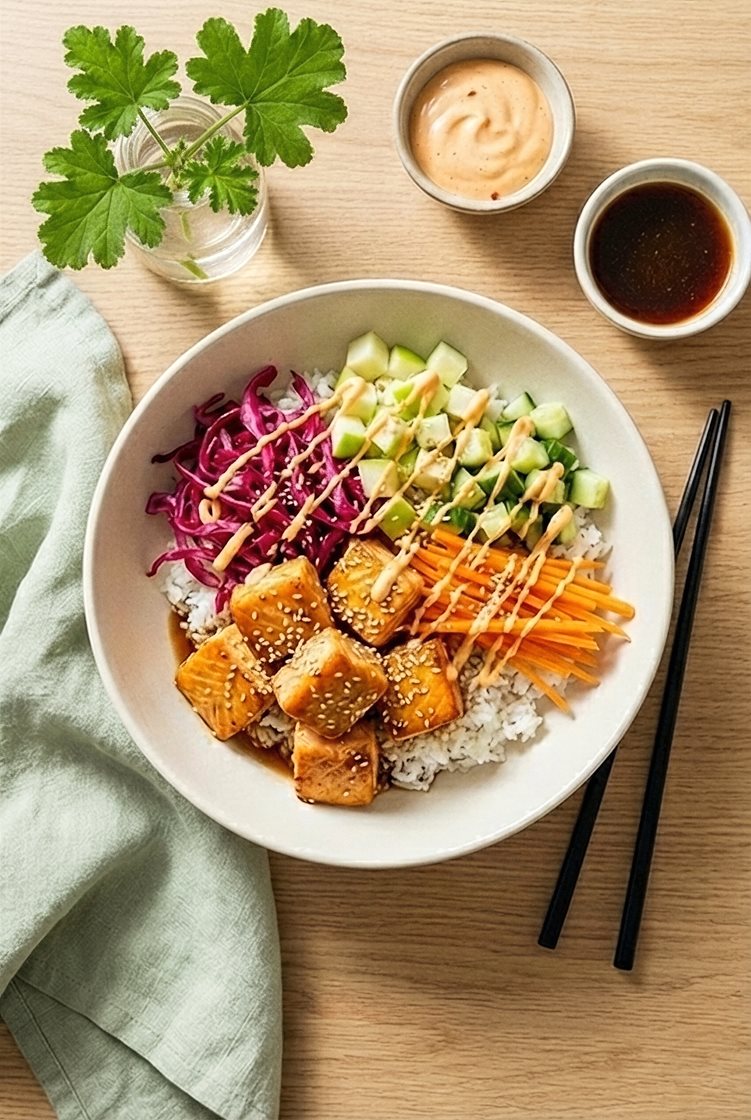 Poke med ponzumarinerad lax, gurka, syltad rödkål och chilimajonnäs