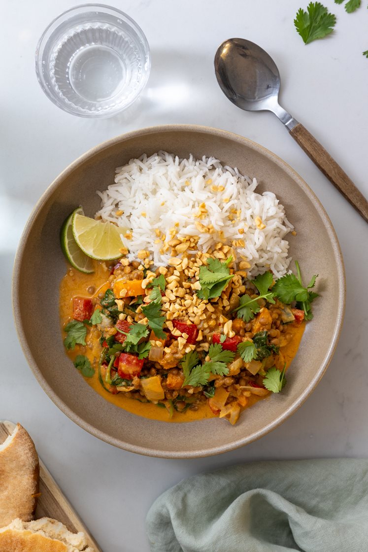 Rask rød curry med linser og spinat, basmatiris og multibrød 