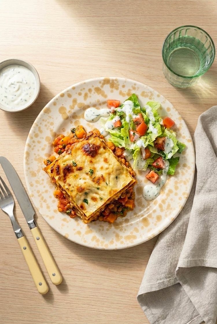 Lasagne med grønnsaks- og linsesaus, salat og urtedressing