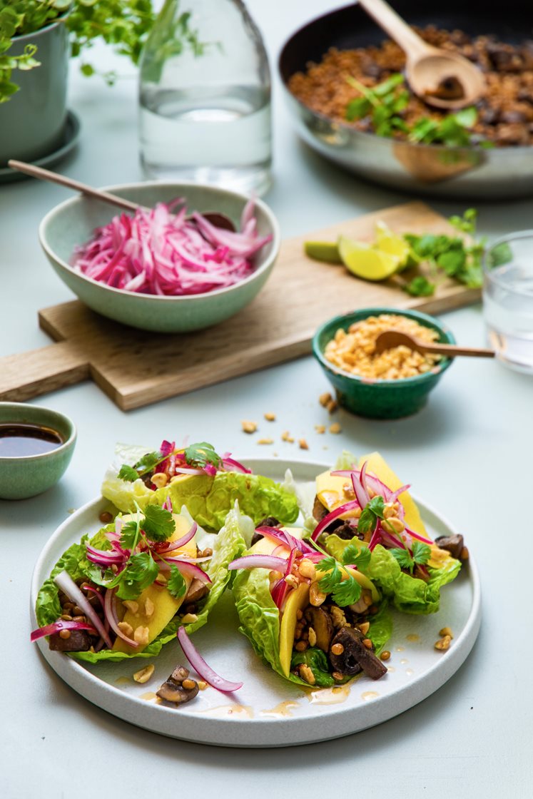 Hjertesalatblader med sopp og linser, toppet med mango og rødløk