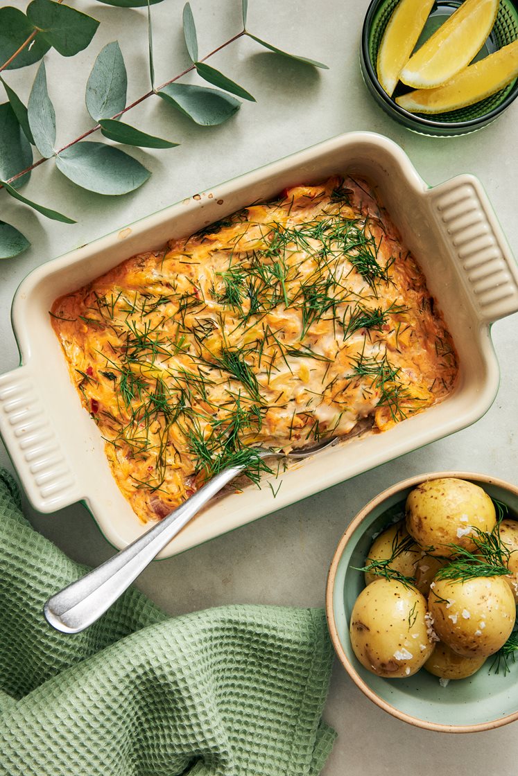 Enkel fiskgratäng med tomat, dill och citron