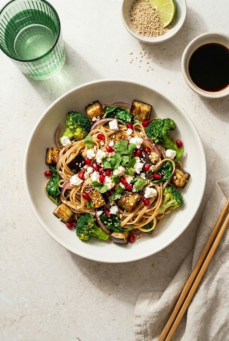 Nudelwok med pannestekt aubergine, fetaost og granateplekjerner