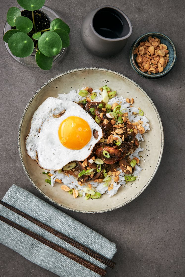 Svampyakiniku med stekt ägg, salladslök och jordnötter