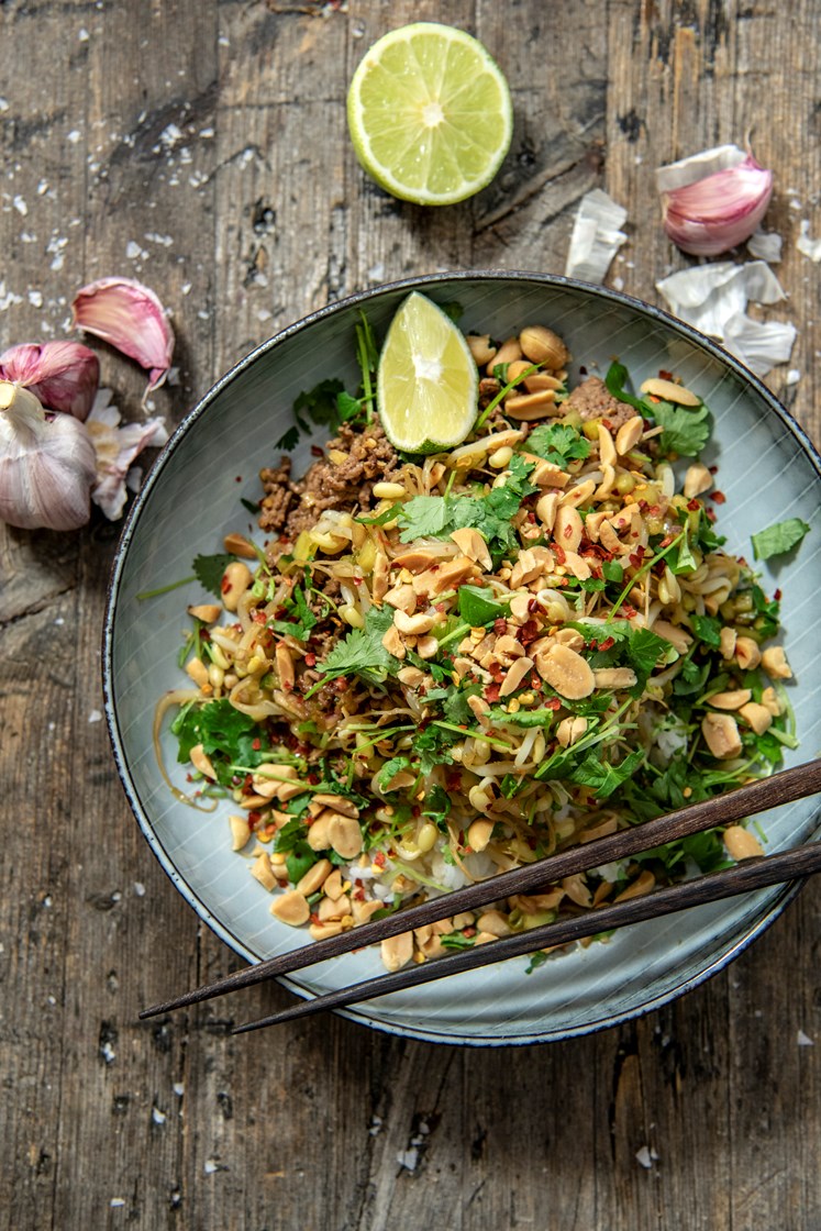 Japansk köttfärspanna med jordnötter och limedressad böngroddssallad