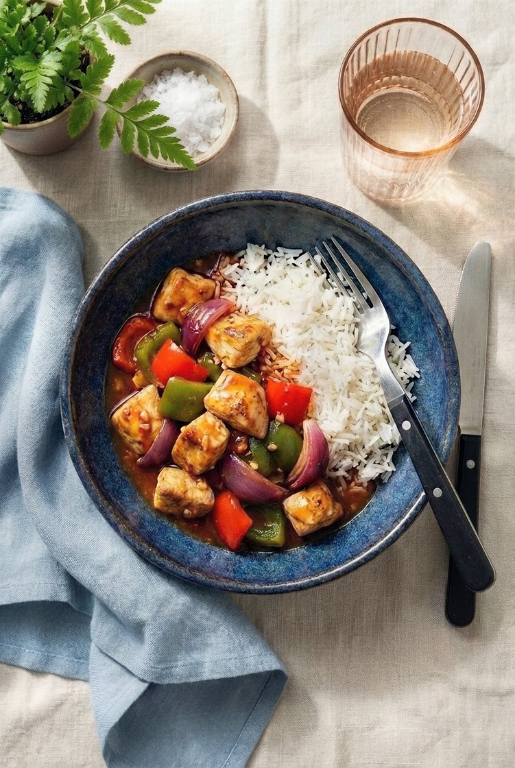 Kyckling i sötsur sås med grönsaker, ananas och basmatiris