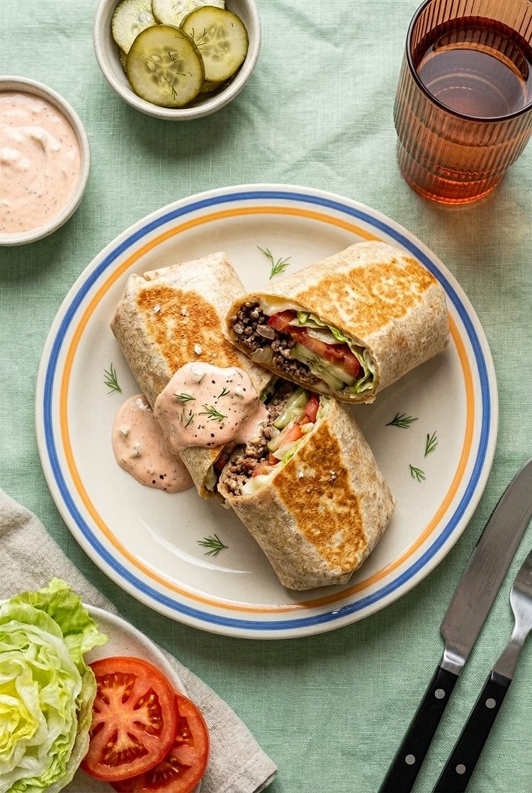 Cheeseburger-burritos med hjemmelaget dressing
