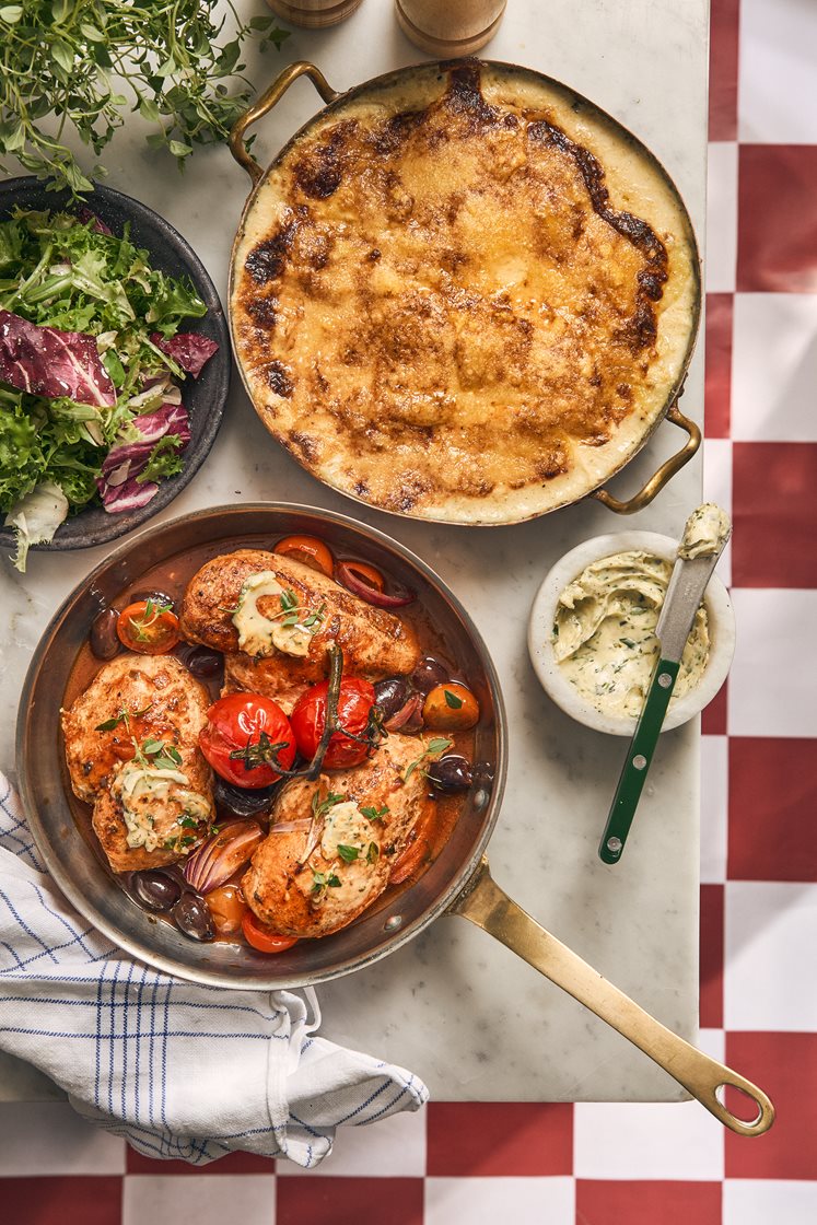 Poulet Provençal - Bagt kylling med tomat- og timiansky og kartoffelgratin