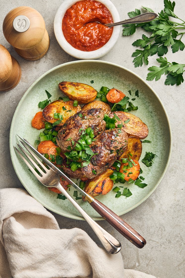 Cevapcici med ajvar, rostad potatis, paprika och persilja