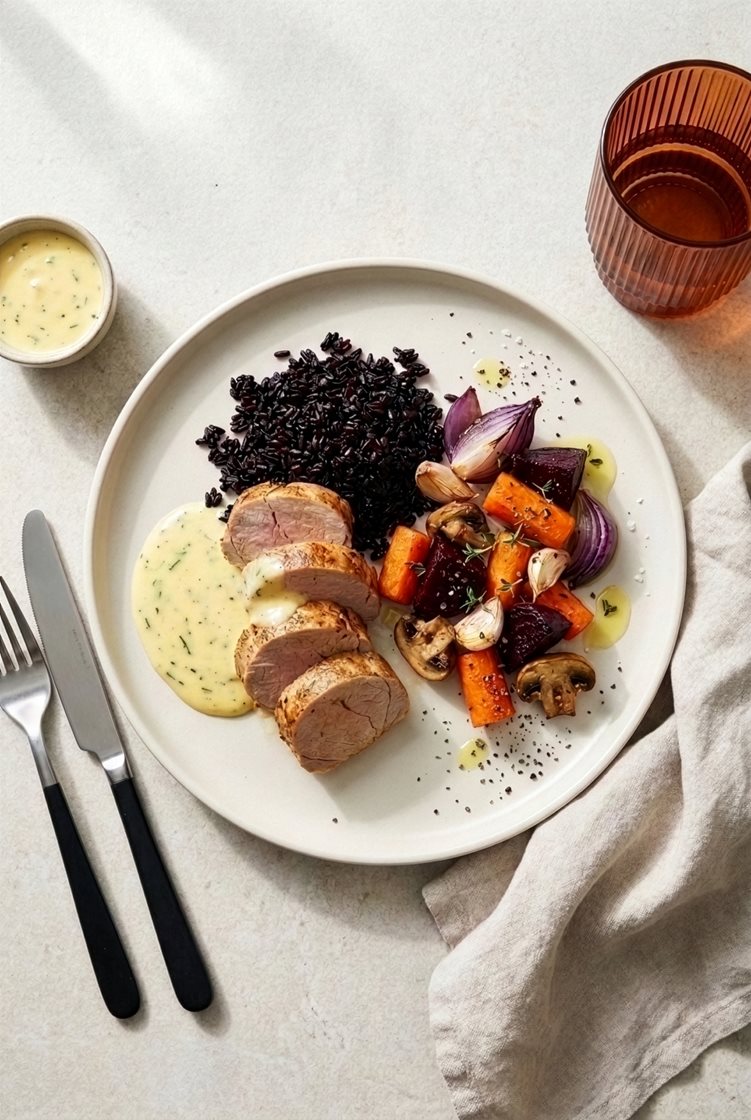 Svinemørbrad med ovnbagte grøntsager, sorte ris og bearnaisesauce
