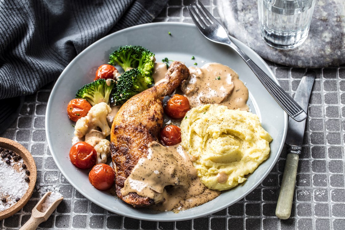 Kyllinglår med potetmos og soppsaus