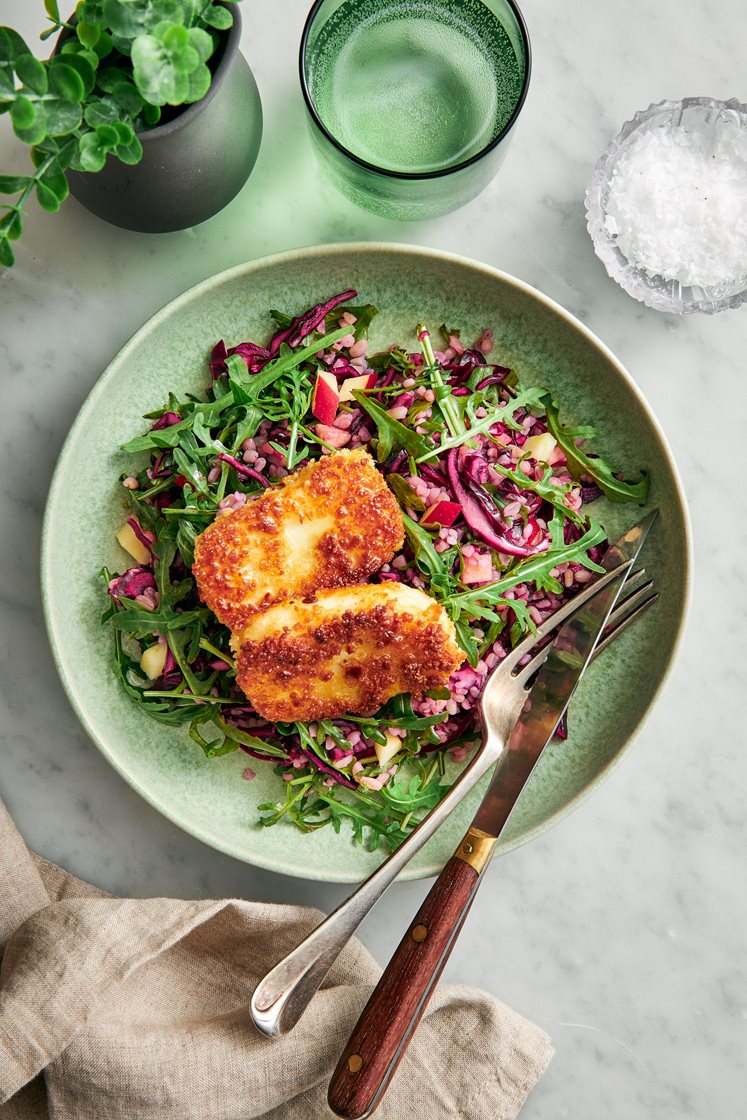 Pankopanerad pannoumi med citrondressad rödkålsbulgur