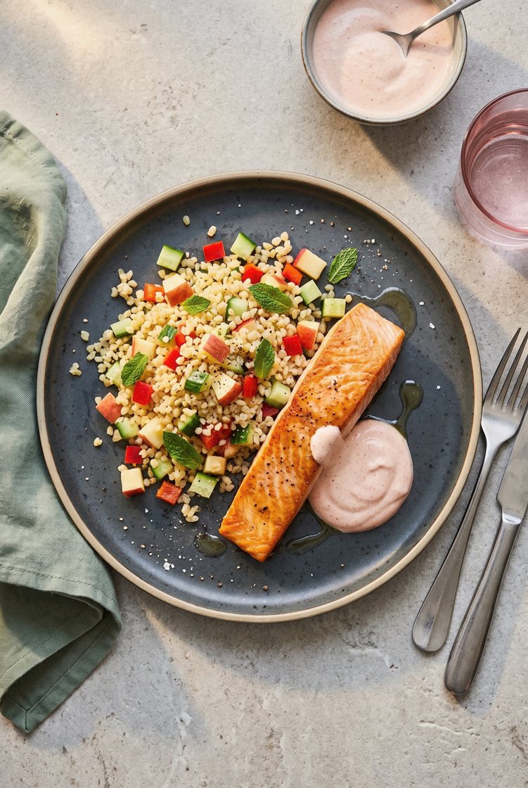 Stegt laksefilet med bulgursalat og spicy yoghurtdressing
