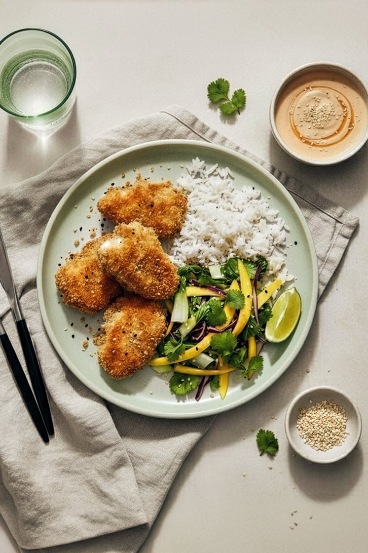 Krispig bjärekyckling med asiatisk sallad, mango och koriander