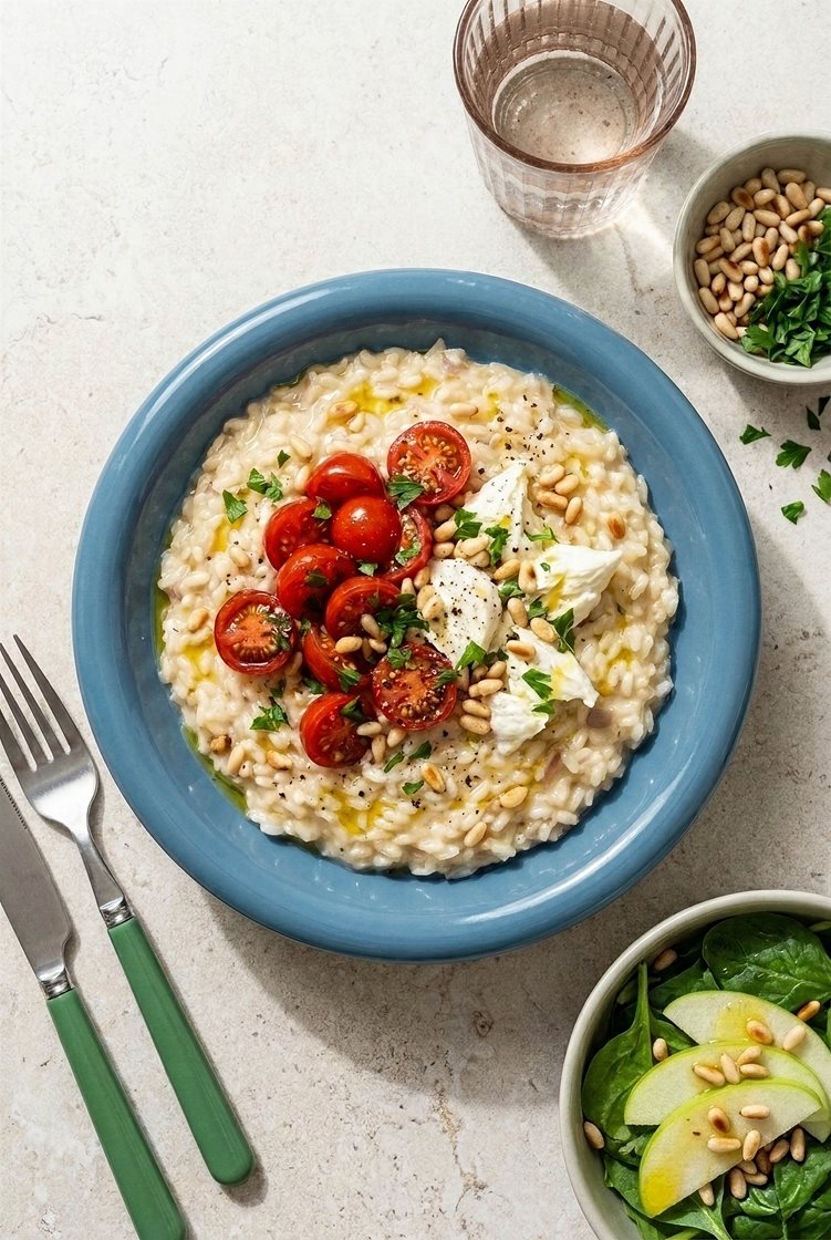 Caprese-risotto med cherrytomater, fersk mozzarella og pinjekjerner
