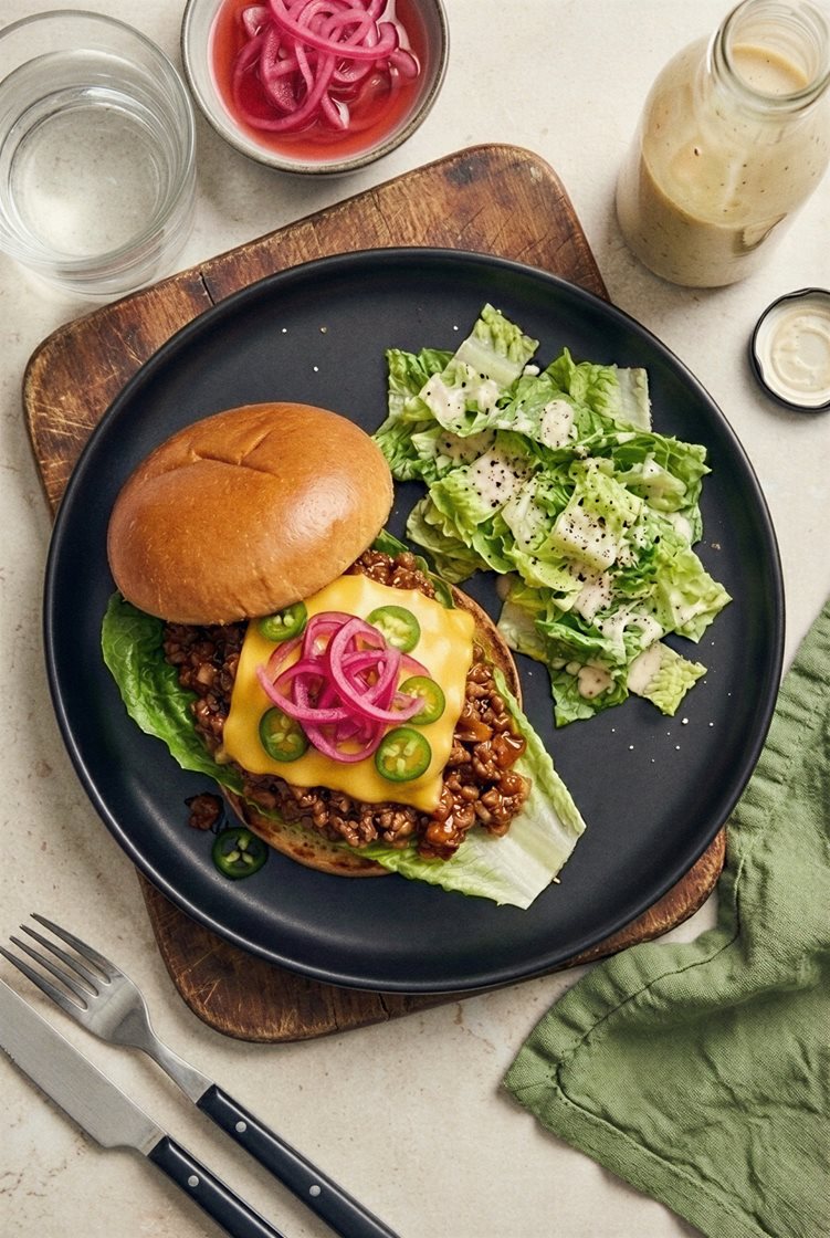 Sloppy joe med jalapeño, picklad rödlök och caesarsallad