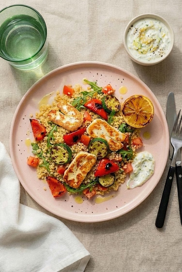 Halloumisalat med grillede grønnsaker, bulgur og squash-tzatziki