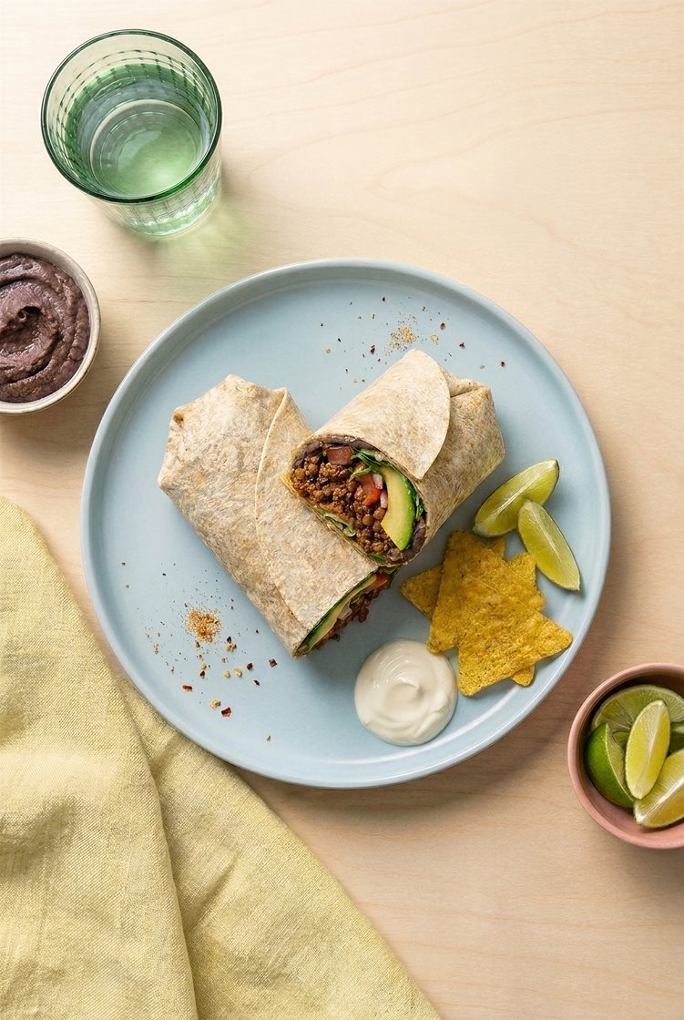 Burrito med kjøttdeig og linser, bønnekrem, tortillachips, rømme og avokado