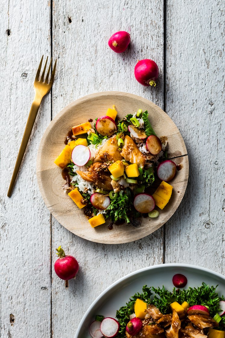 Soyamarinert lyr servert med mango- og reddiksalat og ris