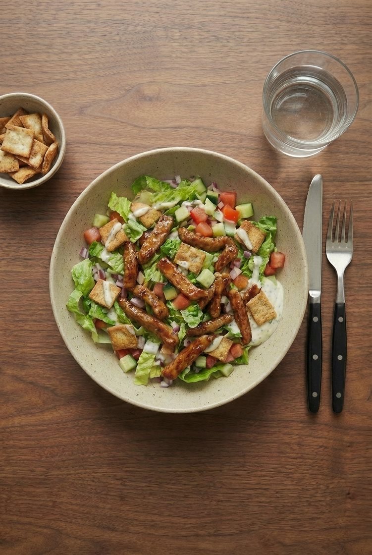 Fattoush-salat med strimlet svinemørbrad og hvidløgsdressing
