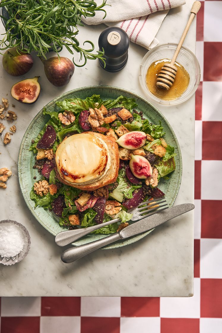 Salad de Chèvre Chaud - Linsesalat med bakte rødbeter, chèvre, valnøtter og fiken