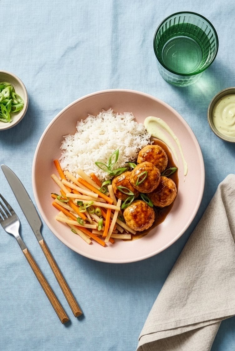 Kyllingedeller i hoisin med lun daikon-salat og ris