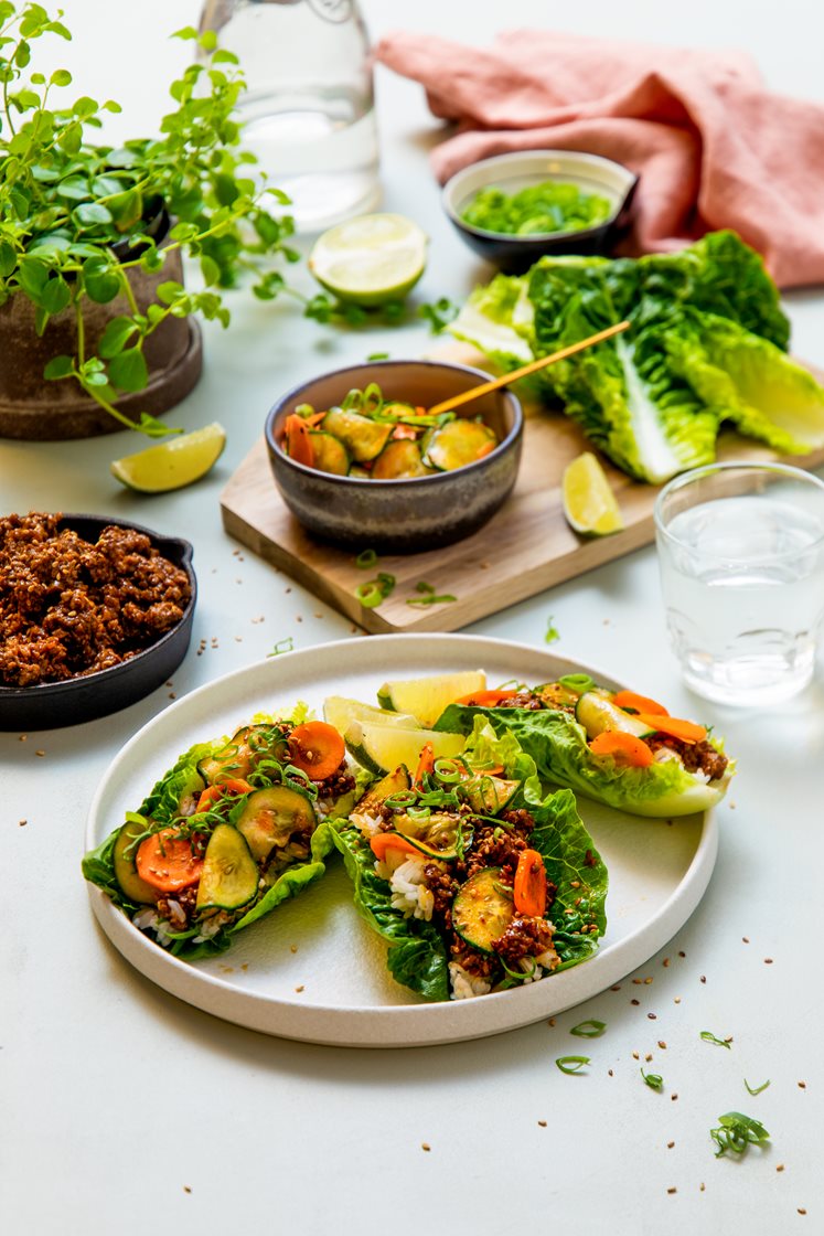 Bulgogi med vegetardeig i hjertesalat med spicy råkost og jasminris