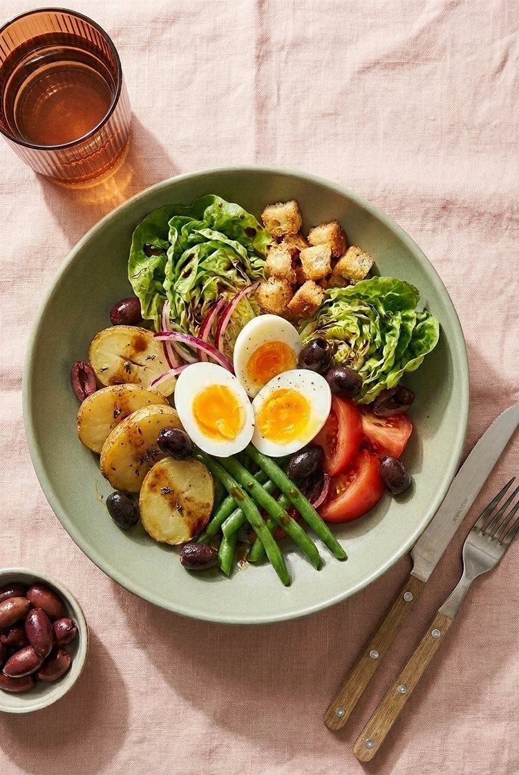 Vegetar salat Nicoise med smilende egg