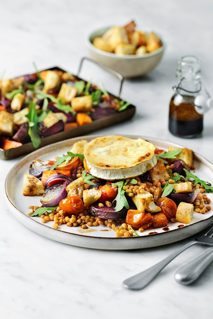Rostad rotfruktssallad med linser och gratinerad chèvre