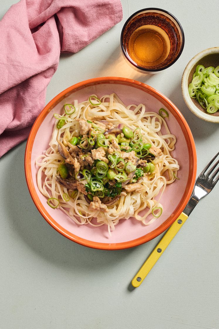 Spicy kremet kyllingkjøttdeig med pak choy og eggnudler