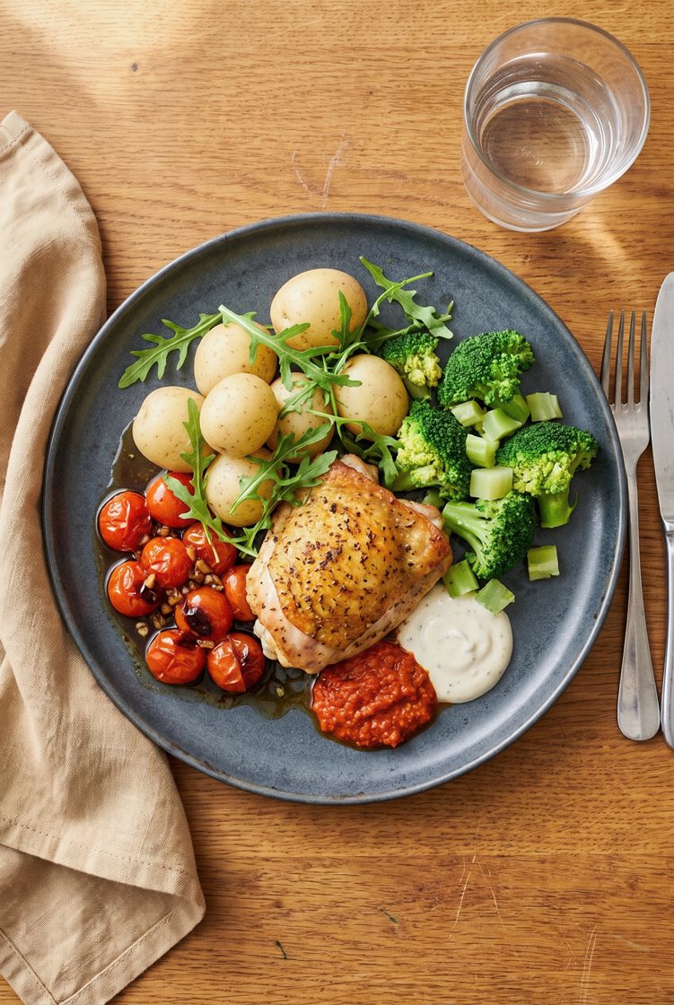 Urtestegt kylling med bagte tomater, broccoli, kogte kartofler, rucola og ajvar