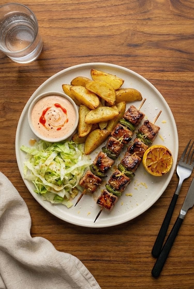 Souvlaki på svinekam servert med kebabsaus, paprika og sitron