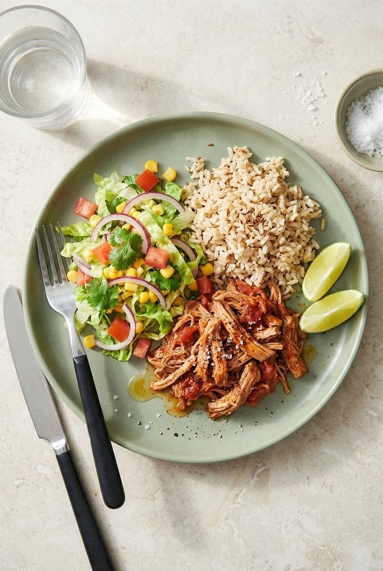 Pulled pork med krydret ris, og maissalat med koriander