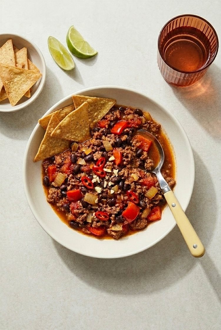Chili con carne med sprøstekte fullkornstortillaer