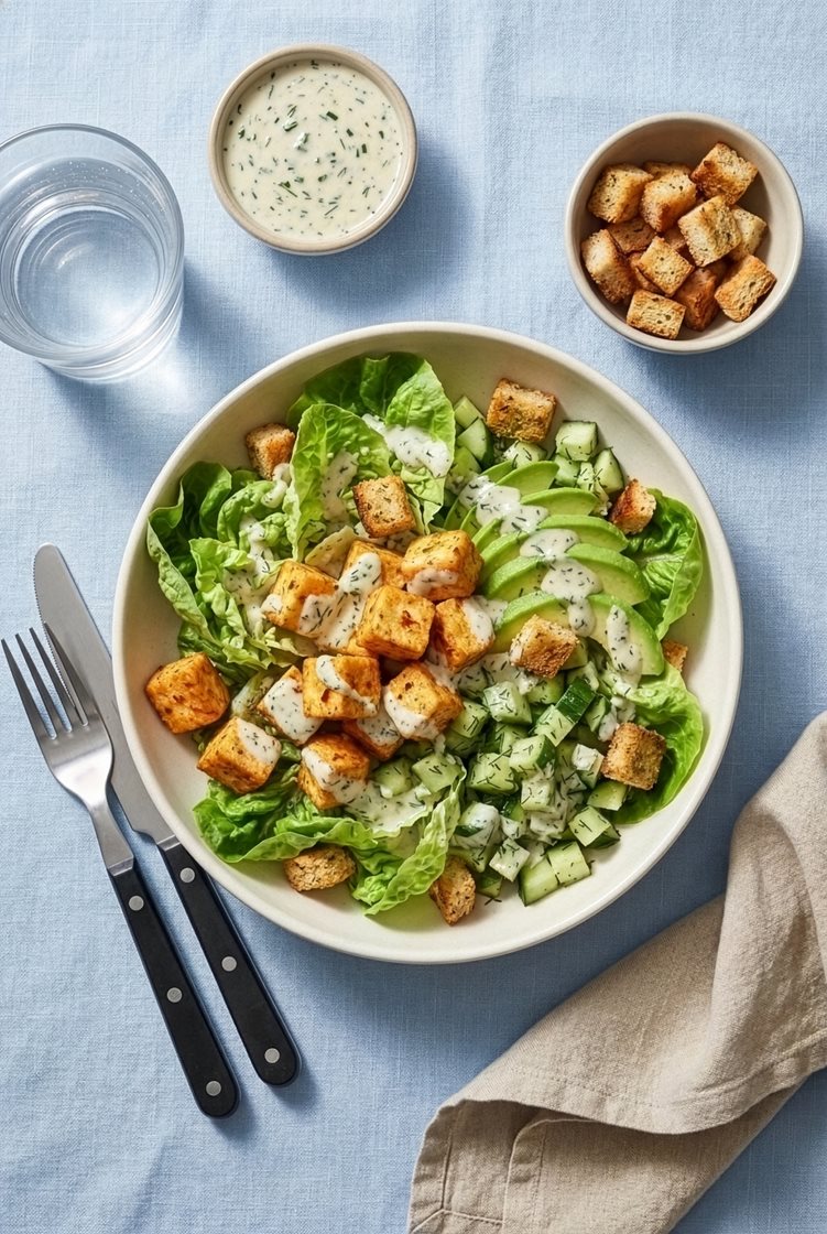 Crispy spicy tofu salat med urtedressing og dildagurk